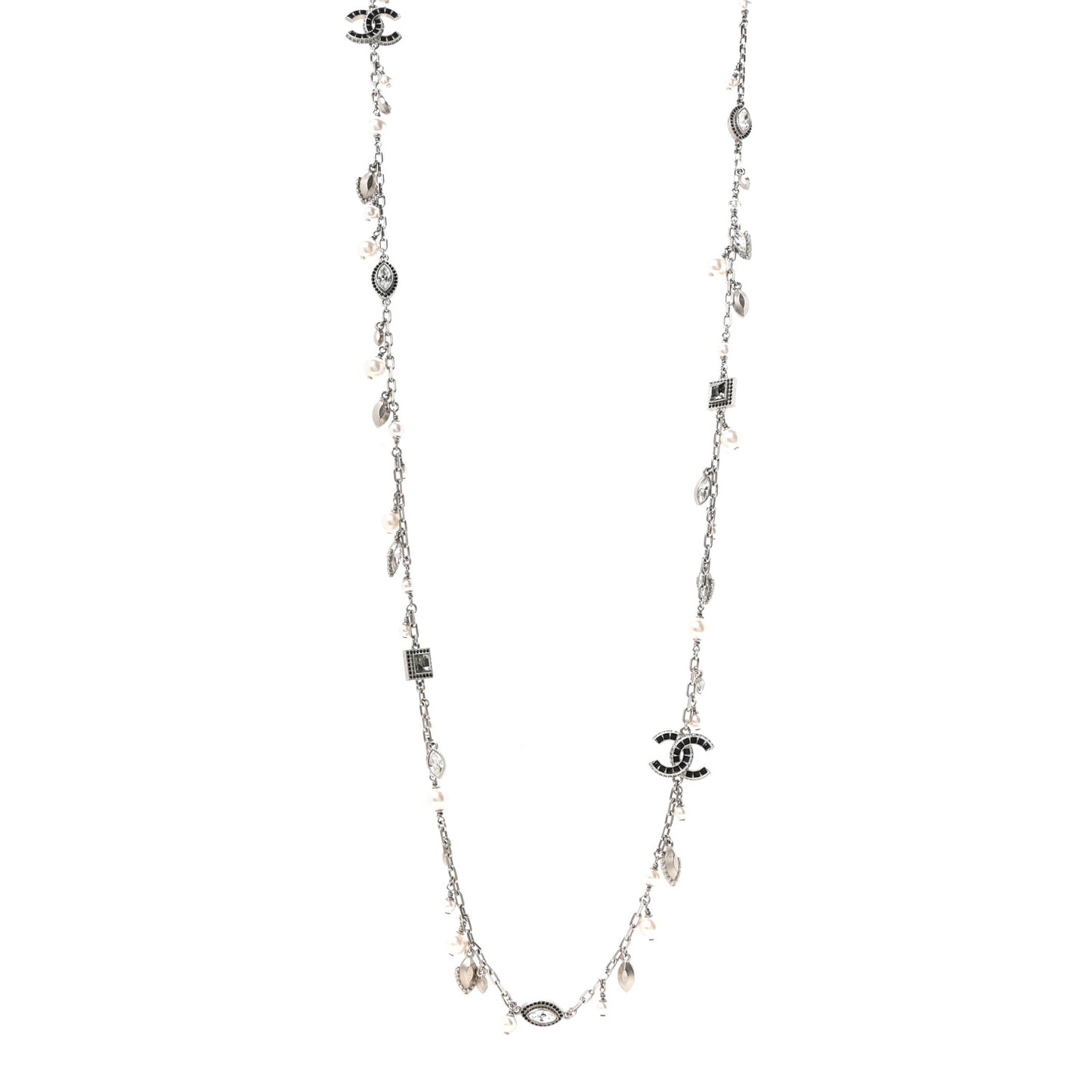 Crystal Pearl CC Long Necklace Silver Grey