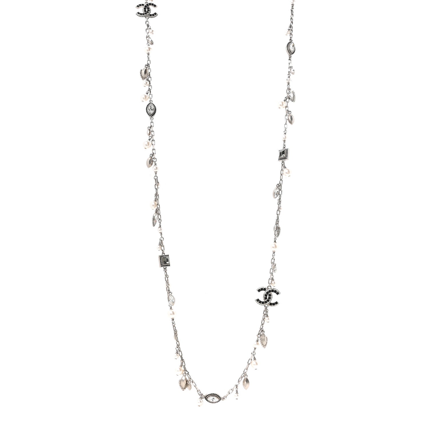 Chanel Crystal Pearl CC Long Necklace Silver Grey 1 of 5