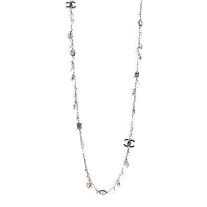 Chanel Crystal Pearl CC Long Necklace Silver Grey 1 of 5
