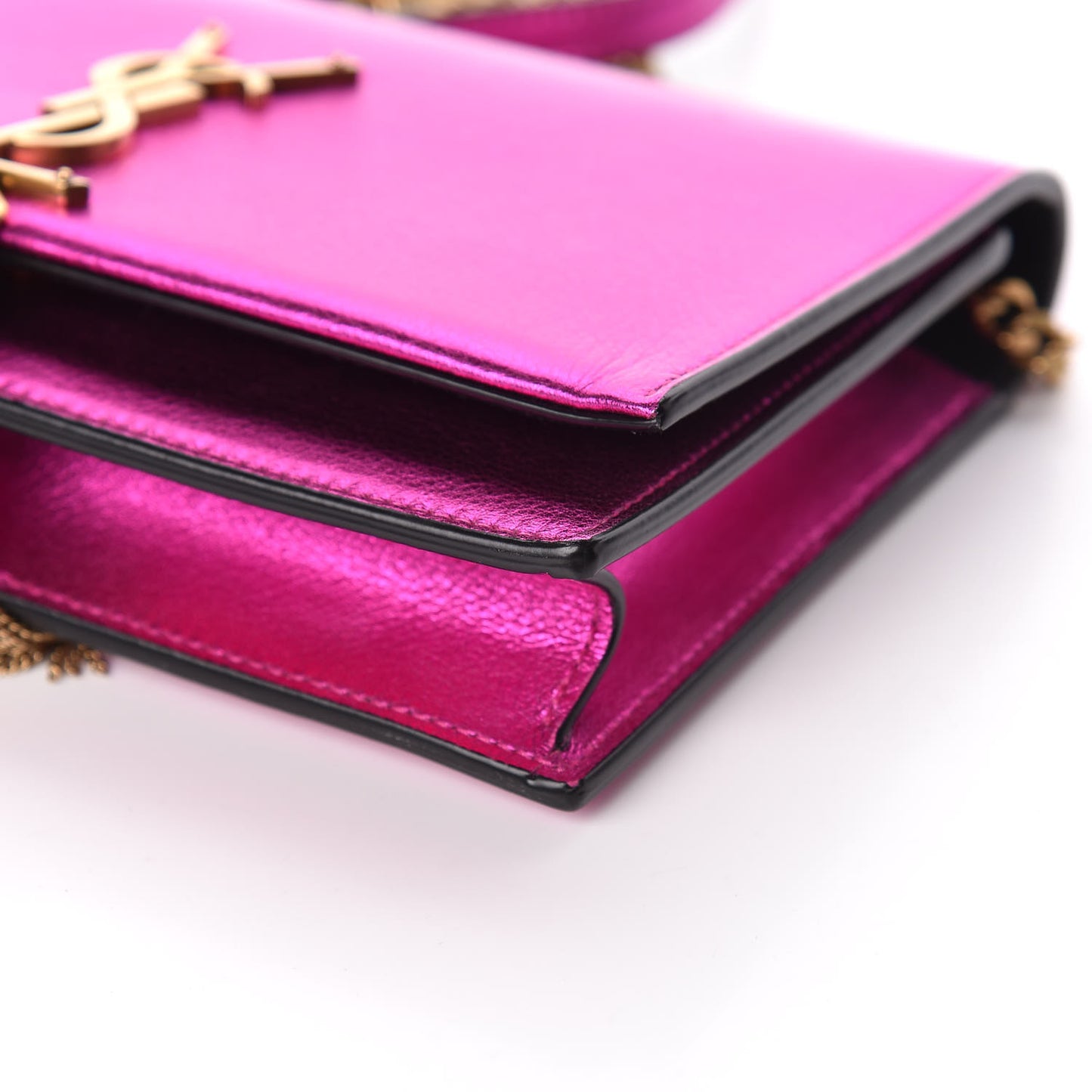 Metallic Calfskin Classic Monogram Kate Tassel Chain Wallet Fuchsia