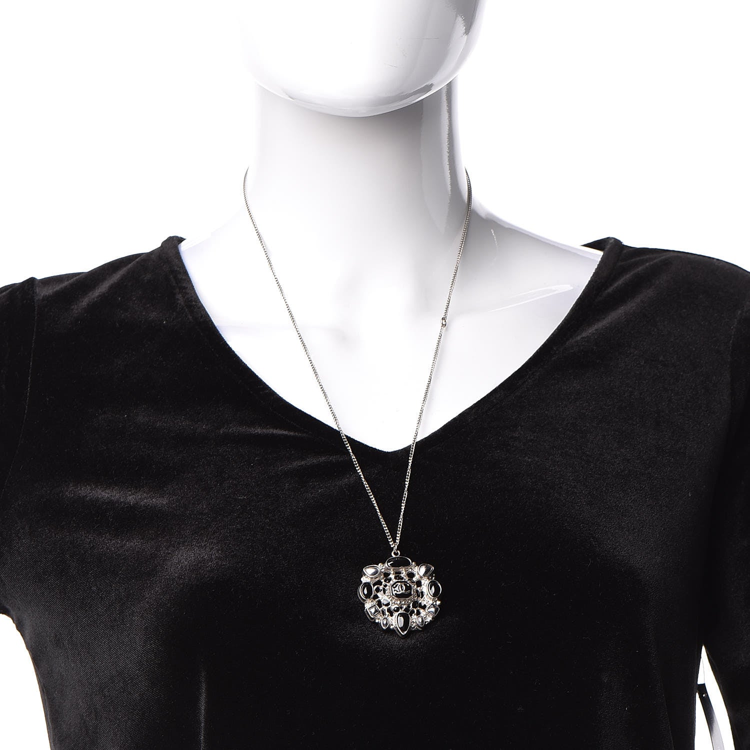 Chanel Gripoix Poured Glass CC Pendant Necklace Black Silver 2 of 5