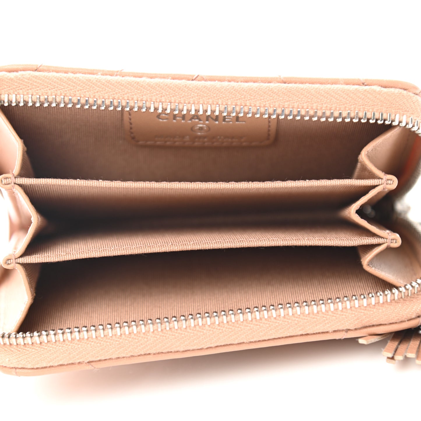 Calfskin Chevron Quilted Tassel Zip Around Coin Purse Beige