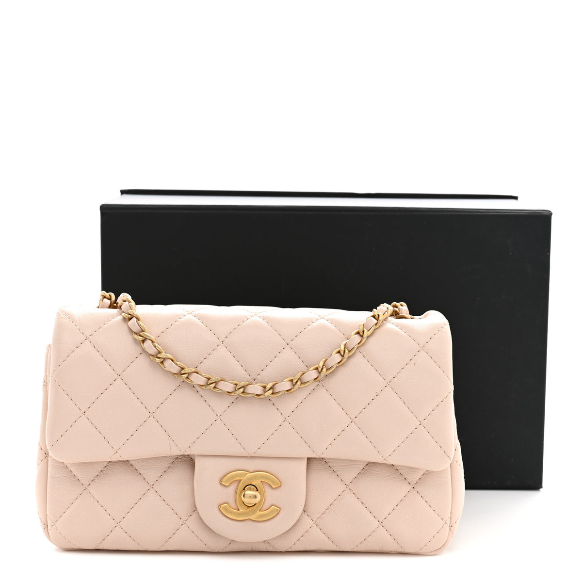 Lambskin Quilted Mini Rectangular Pearl Crush Flap Light Beige