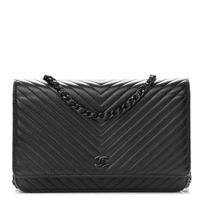 Chanel Lambskin Chevron Quilted Wallet On Chain WOC So Black 1 of 12