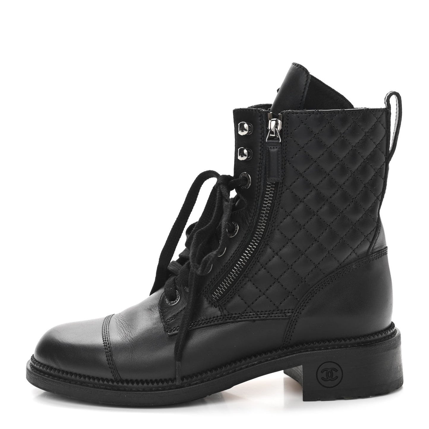Calfskin Quilted Lace Up Boots 39 Black