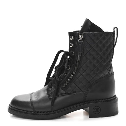 Chanel Calfskin Quilted Lace Up Boots 39 Black 1 of 9