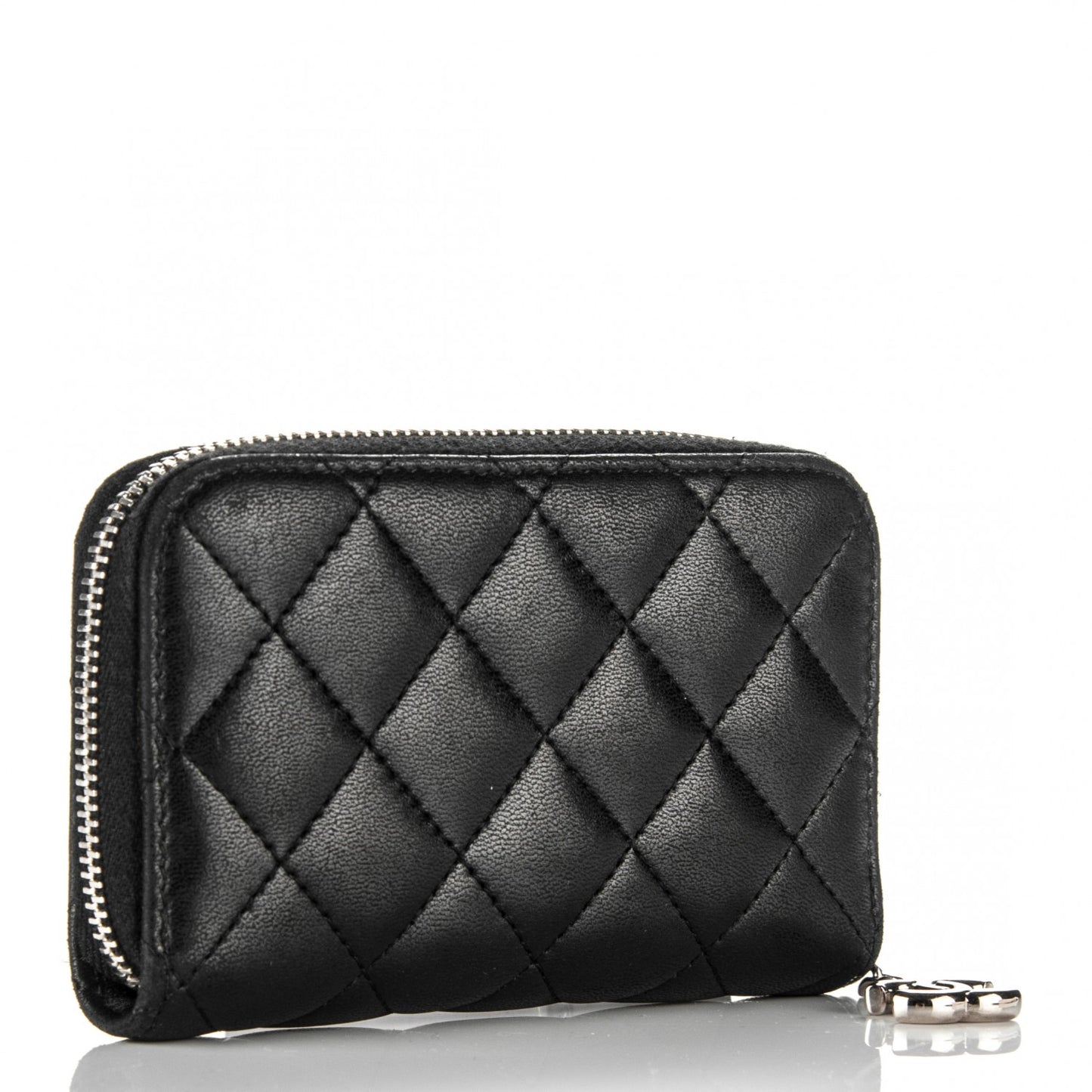 Lambskin Quilted Zip Around Card Holder Black