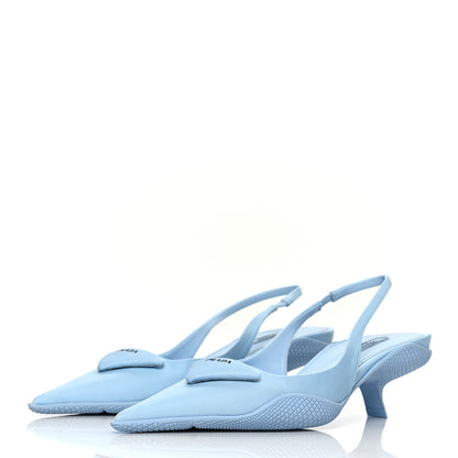 Prada Spazzolato Triangle Logo Pointed Toe 45mm Slingback Pumps 37.5 Cielo 3 of 10