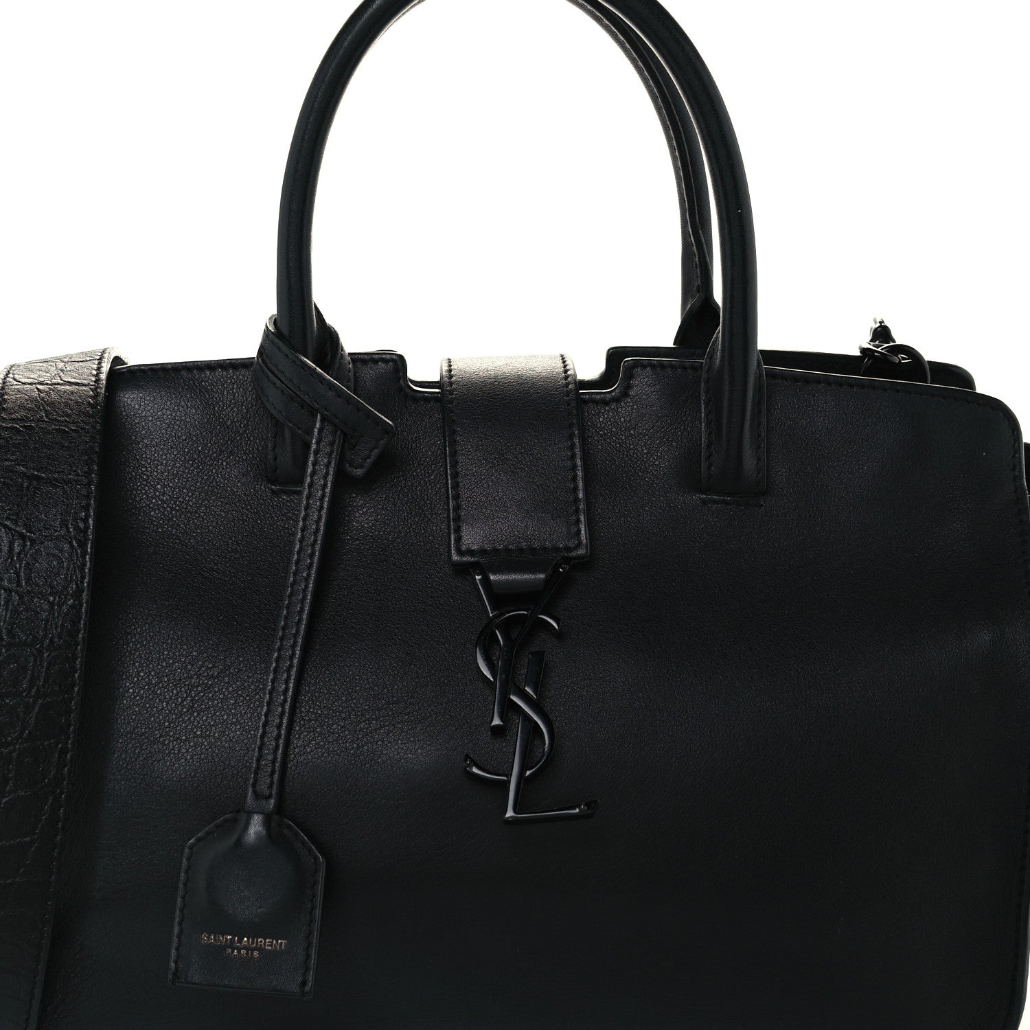 Saint Laurent Smooth Calfskin Crocodile Embossed Small Monogram Downtown Cabas Black 10 of 12