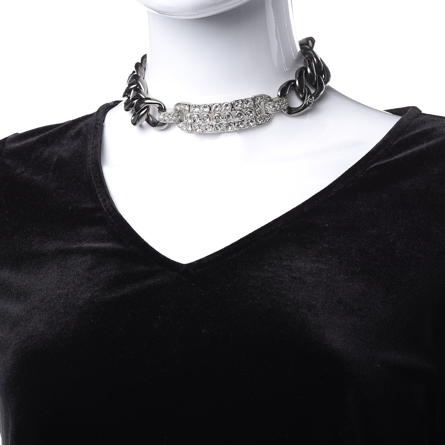 Chanel Crystal CC Chain Link Choker Necklace Dark Silver 2 of 4