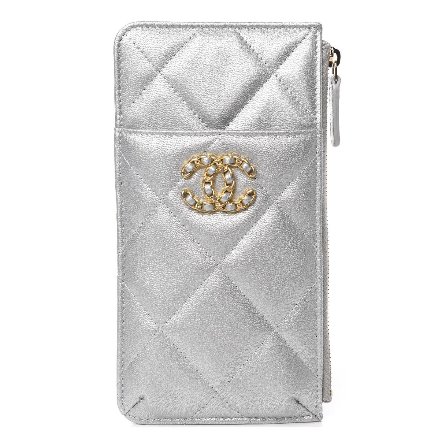 Metallic Goatskin Quilted 19 Flat Wallet Pouch Silver