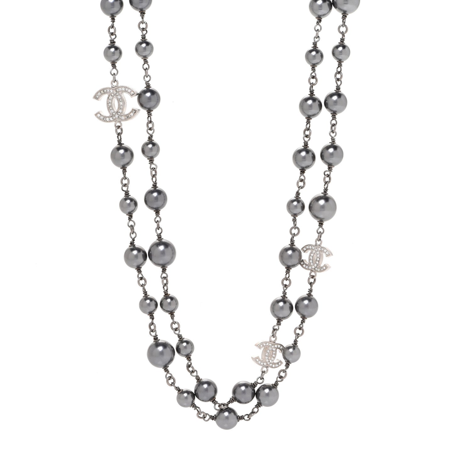 Crystal Pearl Beaded CC Long Necklace Ruthenium