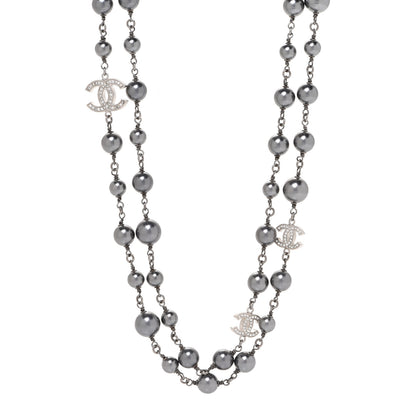 Chanel Crystal Pearl Beaded CC Long Necklace Ruthenium 1 of 6