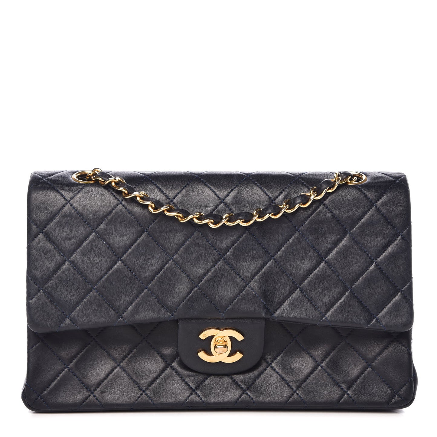 Lambskin Quilted Medium Double Flap Navy