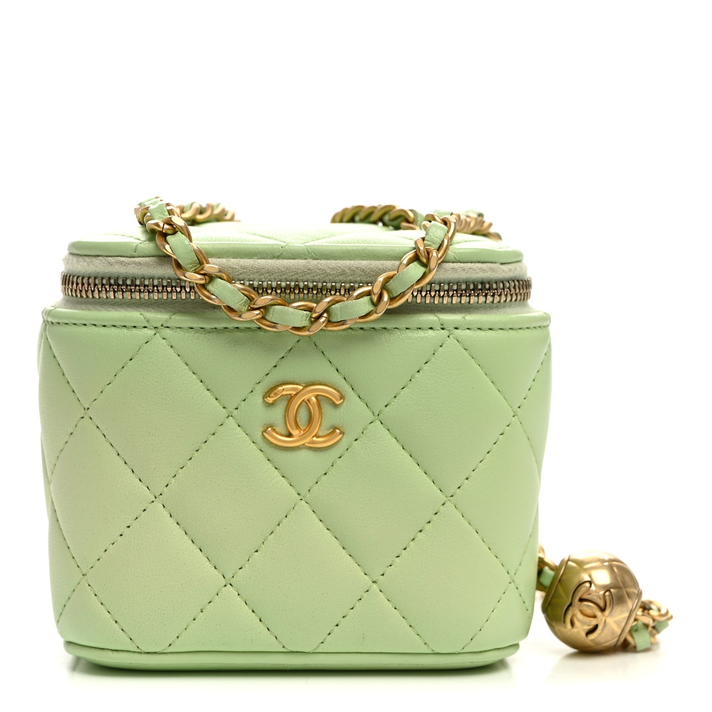 Lambskin Quilted Pearl Crush Mini Vanity Case With Chain Light Green