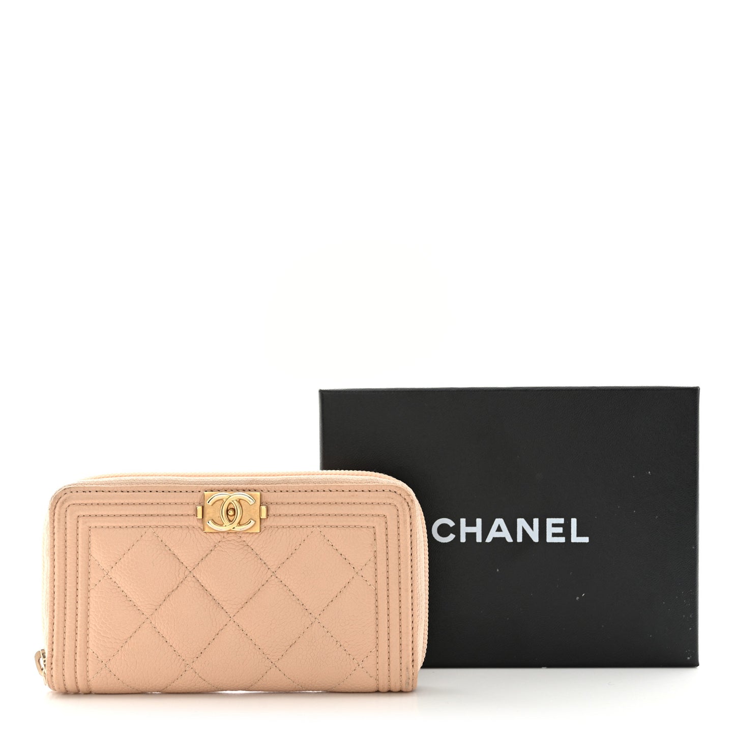 Caviar Quilted Small Boy Zip Around Wallet Beige