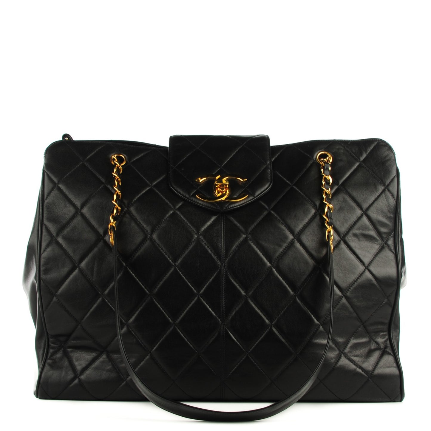 Lambskin Quilted Weekender Shoulder Bag Black