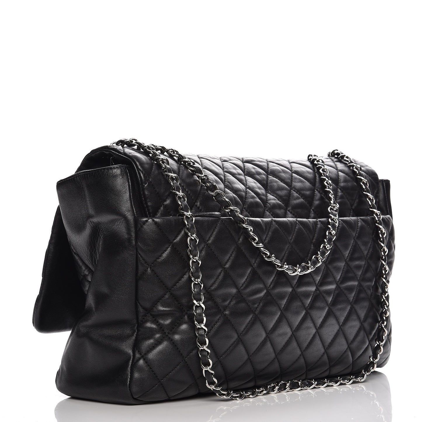 Calfskin Quilted XXL Travel Flap Bag Black