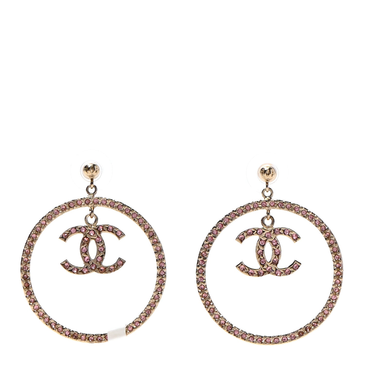 Chanel Crystal CC Drop Hoop Earrings Pale Pink Gold 1 of 4