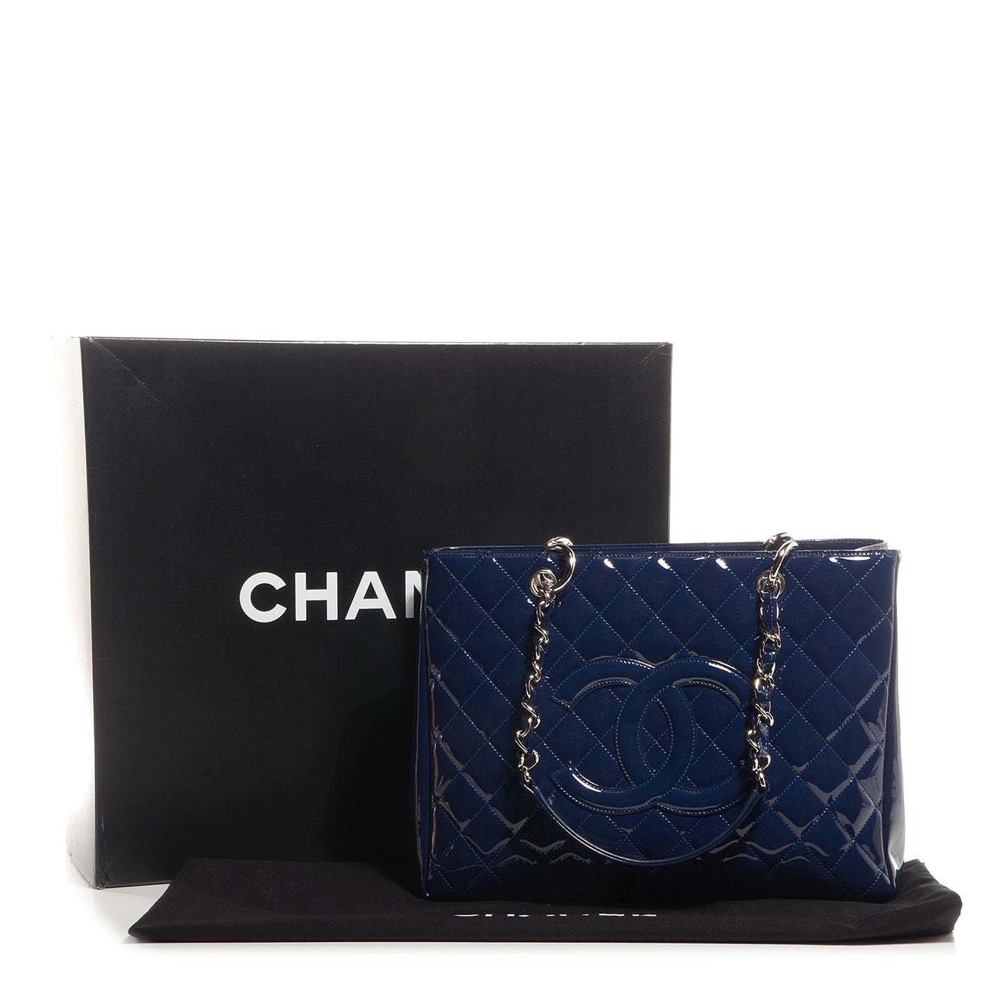 Quilted Patent Grand Shopping Tote GST Navy Blue