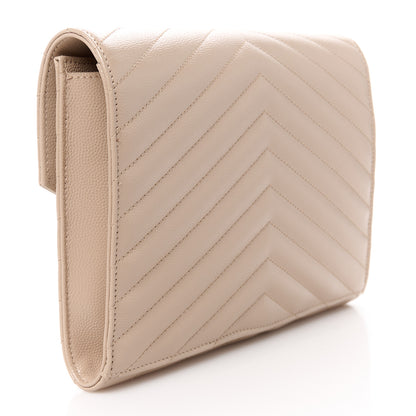 Saint Laurent Grain De Poudre Matelasse Chevron Monogram Envelope Clutch Dark Beige 3 of 10