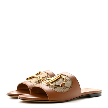 Gucci Calfskin Monogram Horsebit Womens Slide Sandals 37 Beige Ebony Sundial 4 of 9