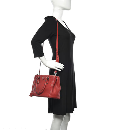 Prada City Calf Small Hand Stitched Galleria Double Zip Tote Fuoco White 2 of 13