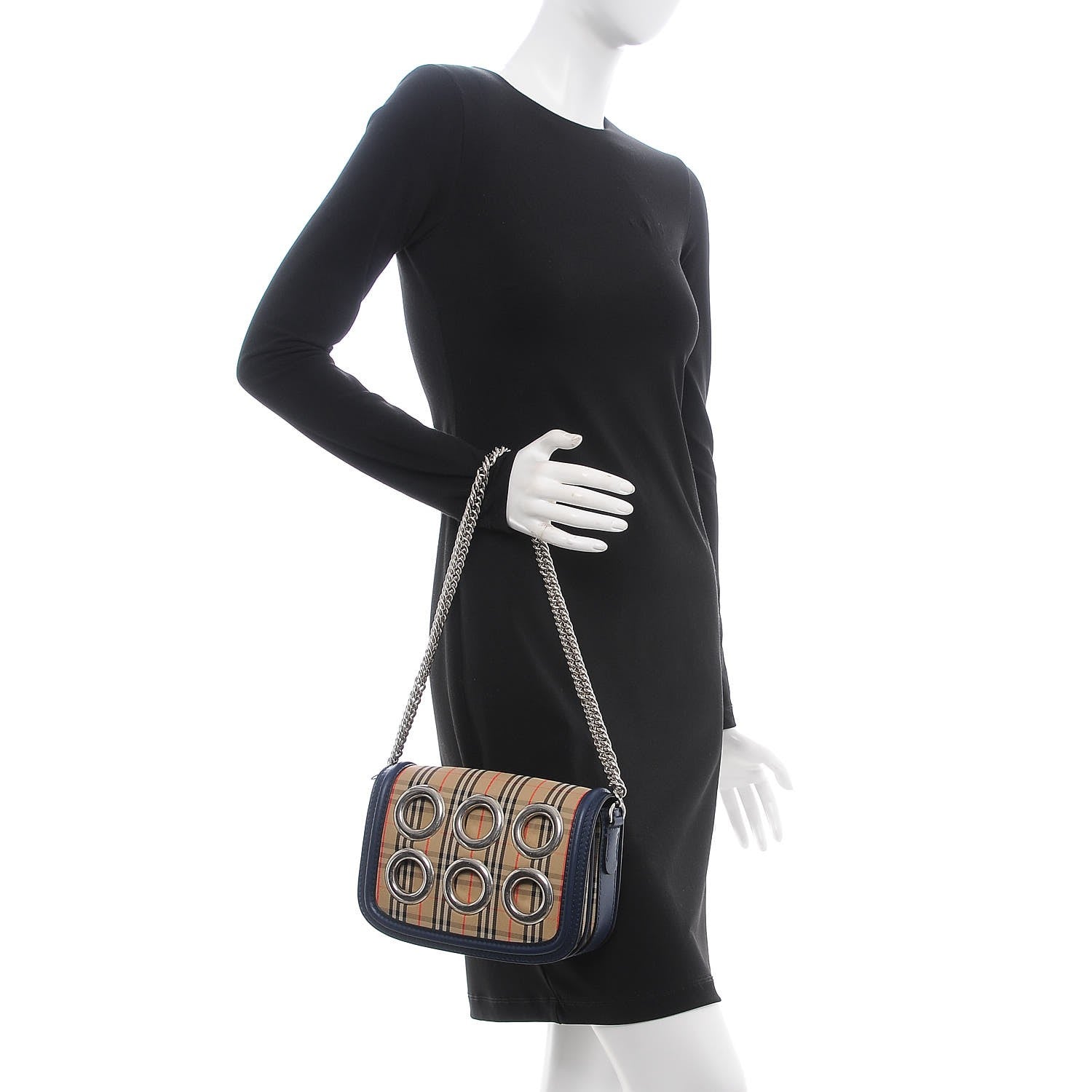 Burberry Smooth Calfskin 1983 Knight Check Grommet Chain Shoulder Bag Ink Blue 2 of 7