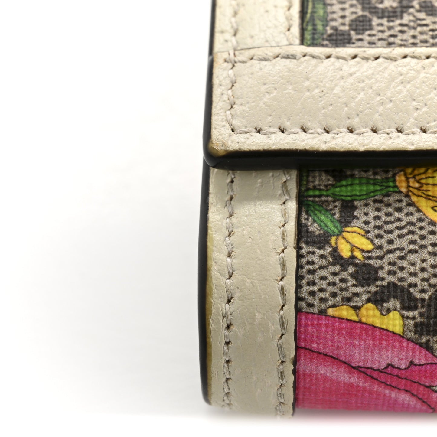 GG Supreme Monogram Flora Textured Calfskin Web Ophidia Card Case Wallet Beige Ebony Multicolor Mystic White