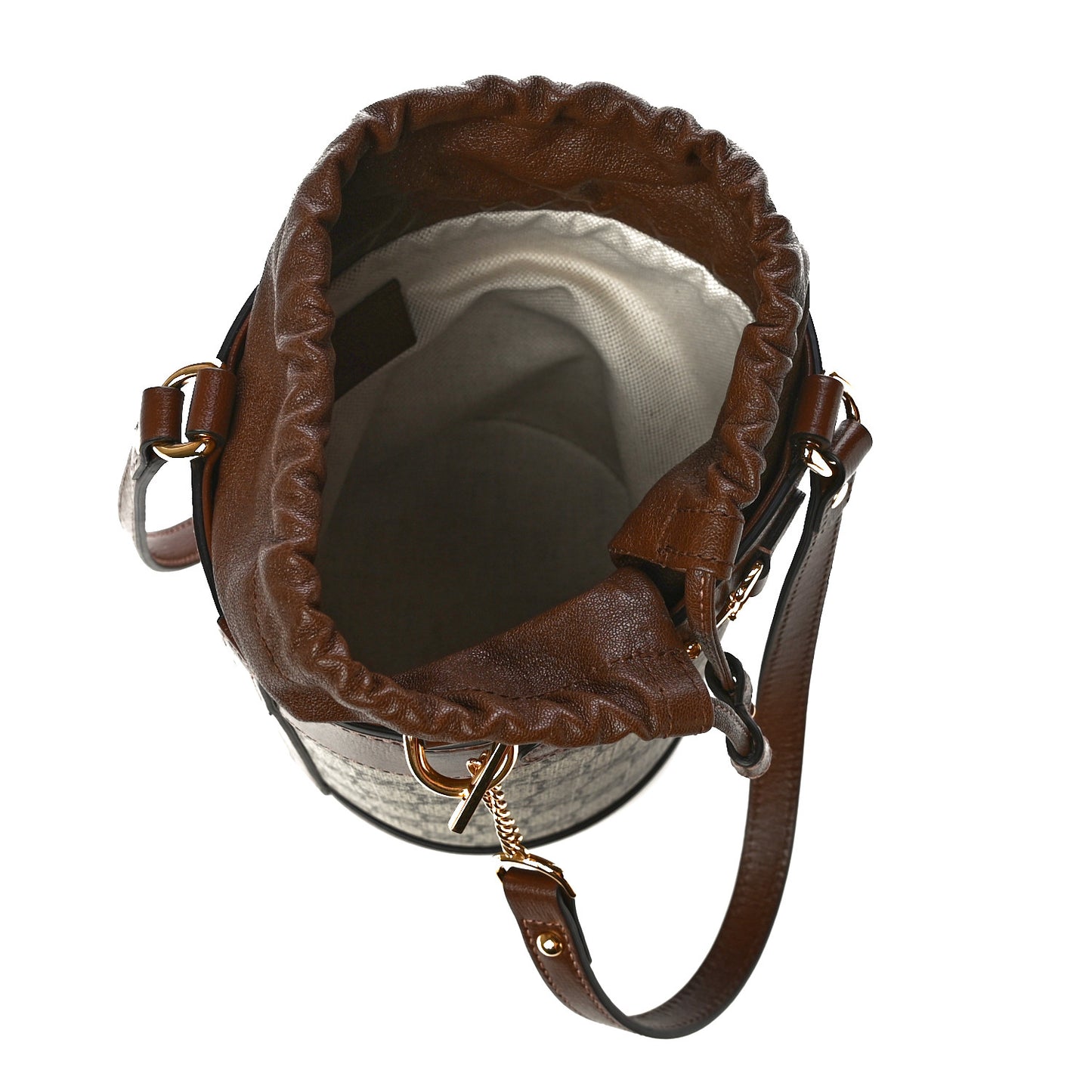 GG Supreme Monogram Azalea Sakai Calfskin Small Horsebit 1955 Drawstring Bucket Bag Beige Ebony Brown Sugar