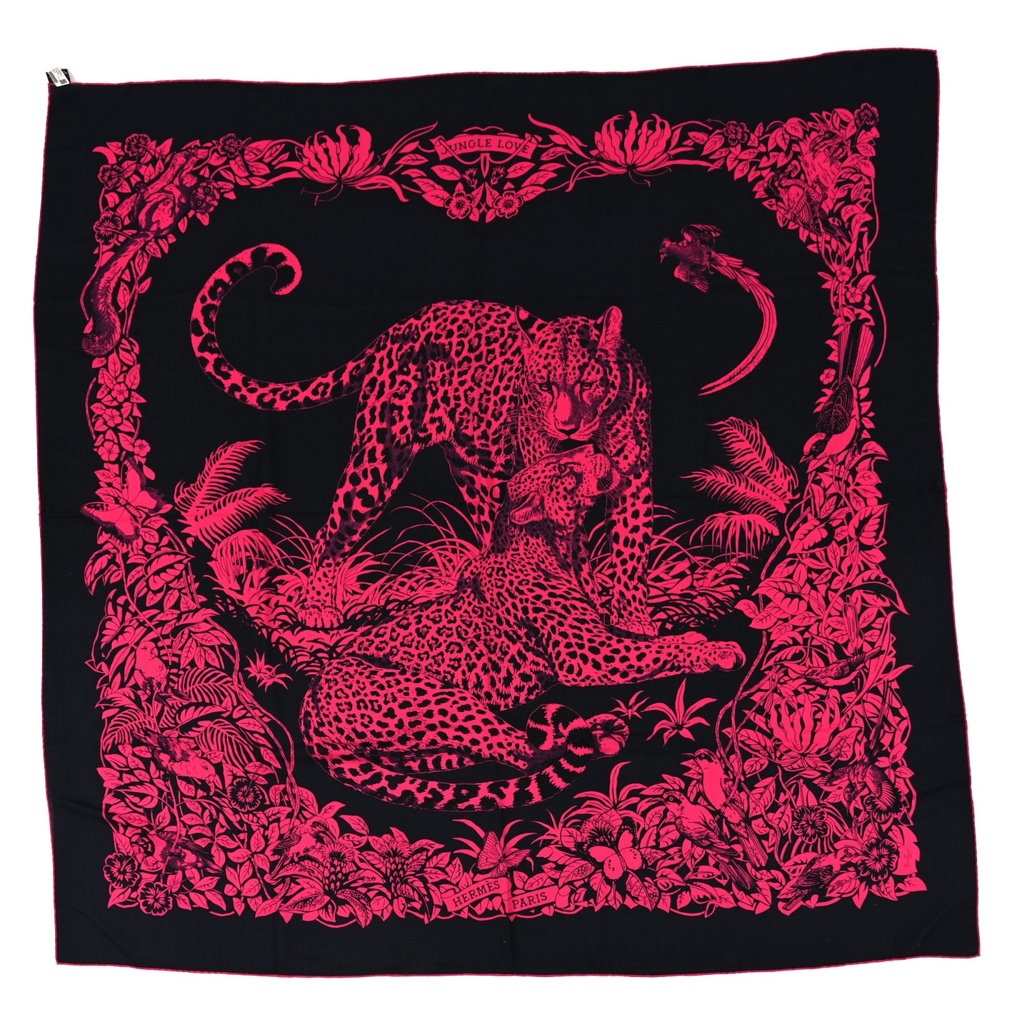 Cashmere Silk Jungle Love Tattoo Shawl 140  Bleu Noir Rose Vif