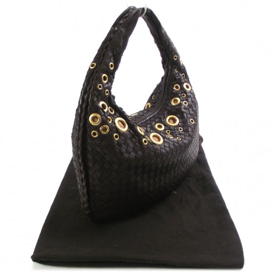 Leather Woven Rivet Veneta Medium Hobo Ebano