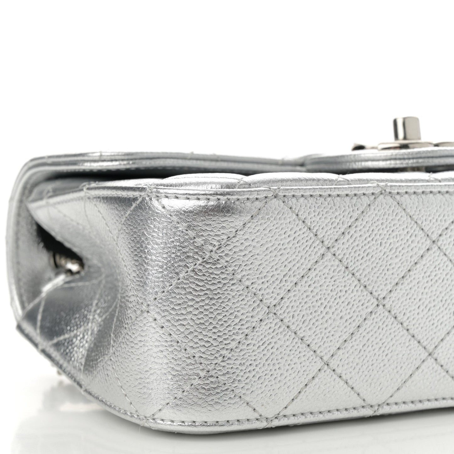 Metallic Caviar Quilted Mini Rectangular CC Slide Flap Silver