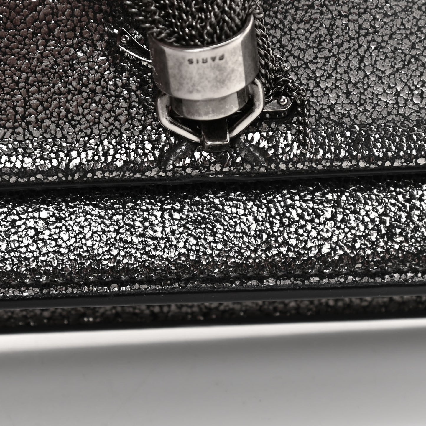 Metallic Calfskin Classic Monogram Kate Tassel Chain Wallet Gun Metal