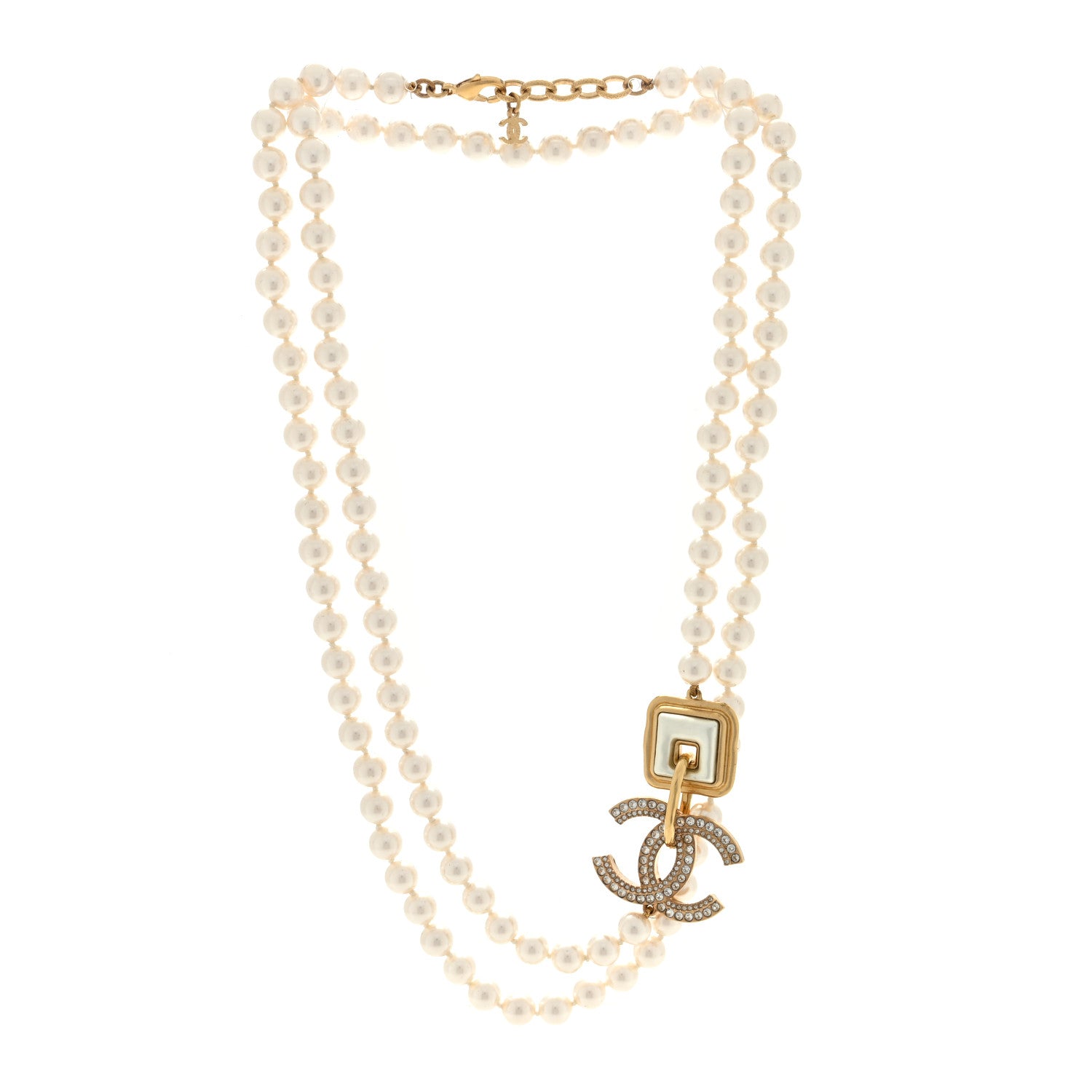 Chanel Pearl Crystal CC Square Long Necklace Gold Pearly White 3 of 4