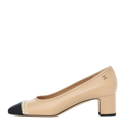 Chanel Lambskin Grosgrain Pearl Cap Toe CC Pumps 37 Beige Black 1 of 10