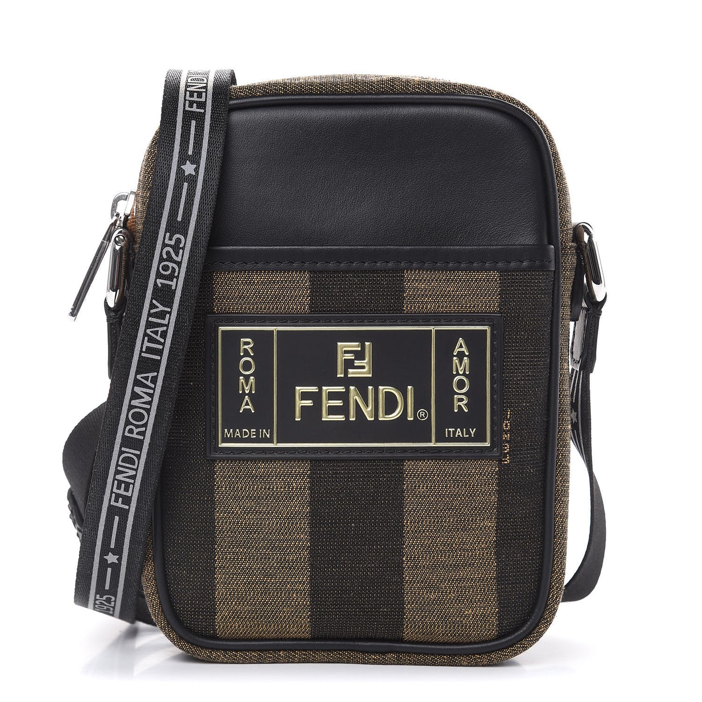 Jacquard Vitello Century Pequin Logo Plate Small Crossbody Messenger Tobacco Moro Black