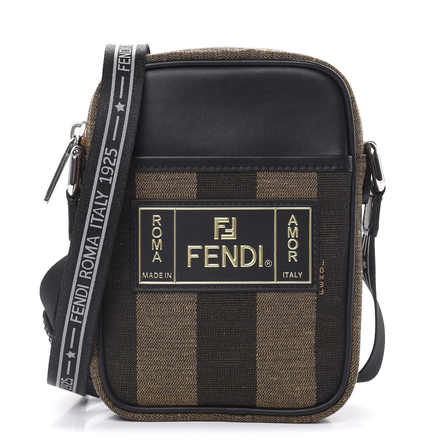 Fendi Jacquard Vitello Century Pequin Logo Plate Small Crossbody Messenger Tobacco Moro Black 1 of 9