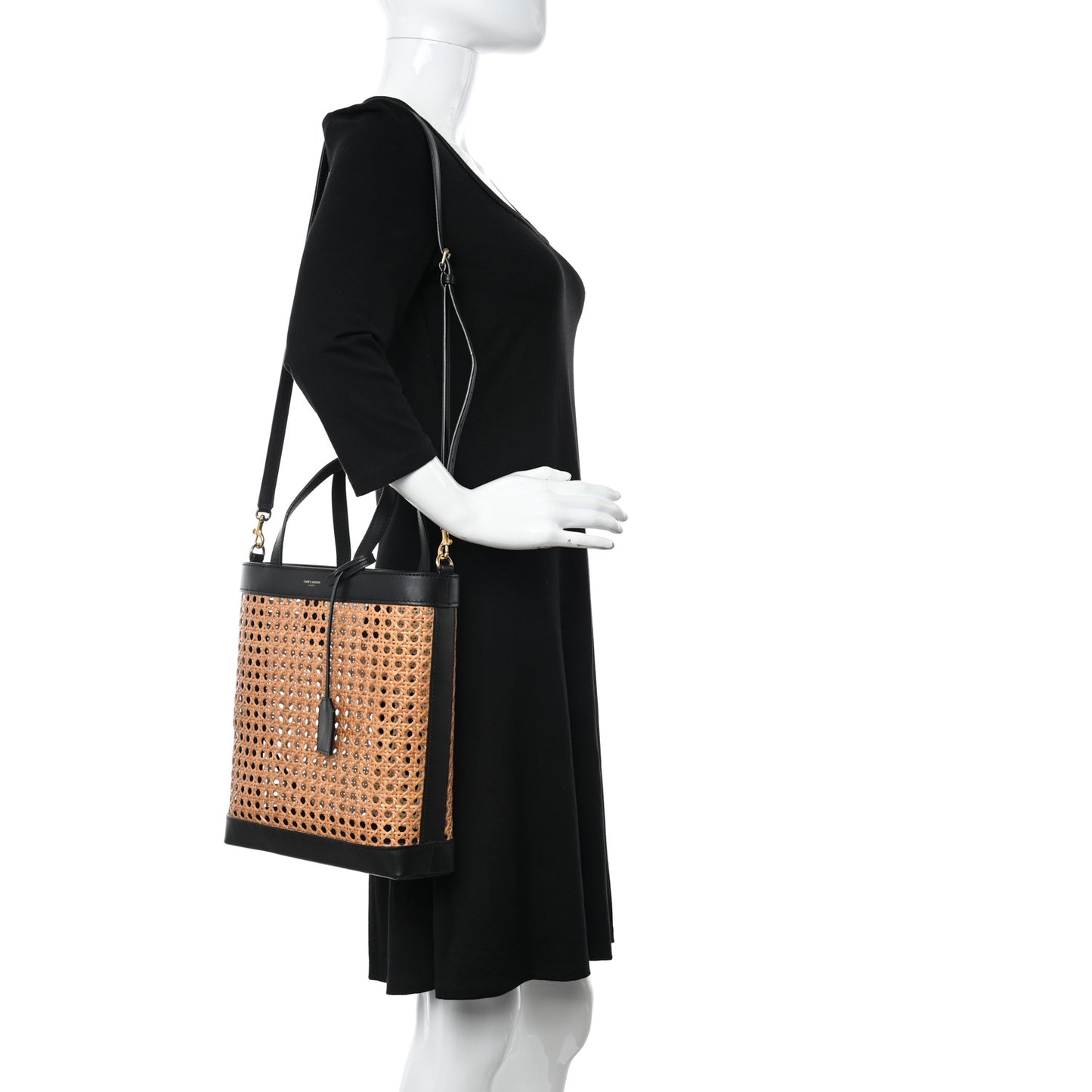 Woven Cane Calfskin North South Tote Bag Black