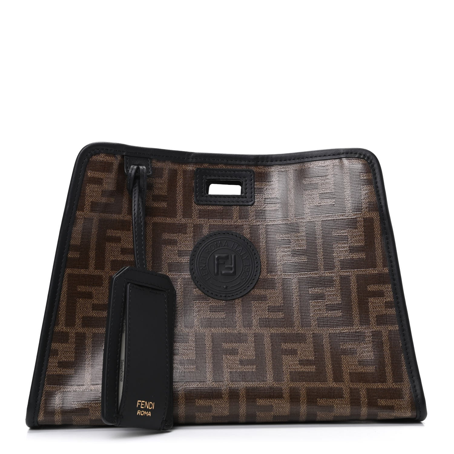 Fendi Glazed Fabric Vitello Century FF 1974 Stamp Patch Mini Peekaboo Defender Cover Mogano Panna Black 1 of 9