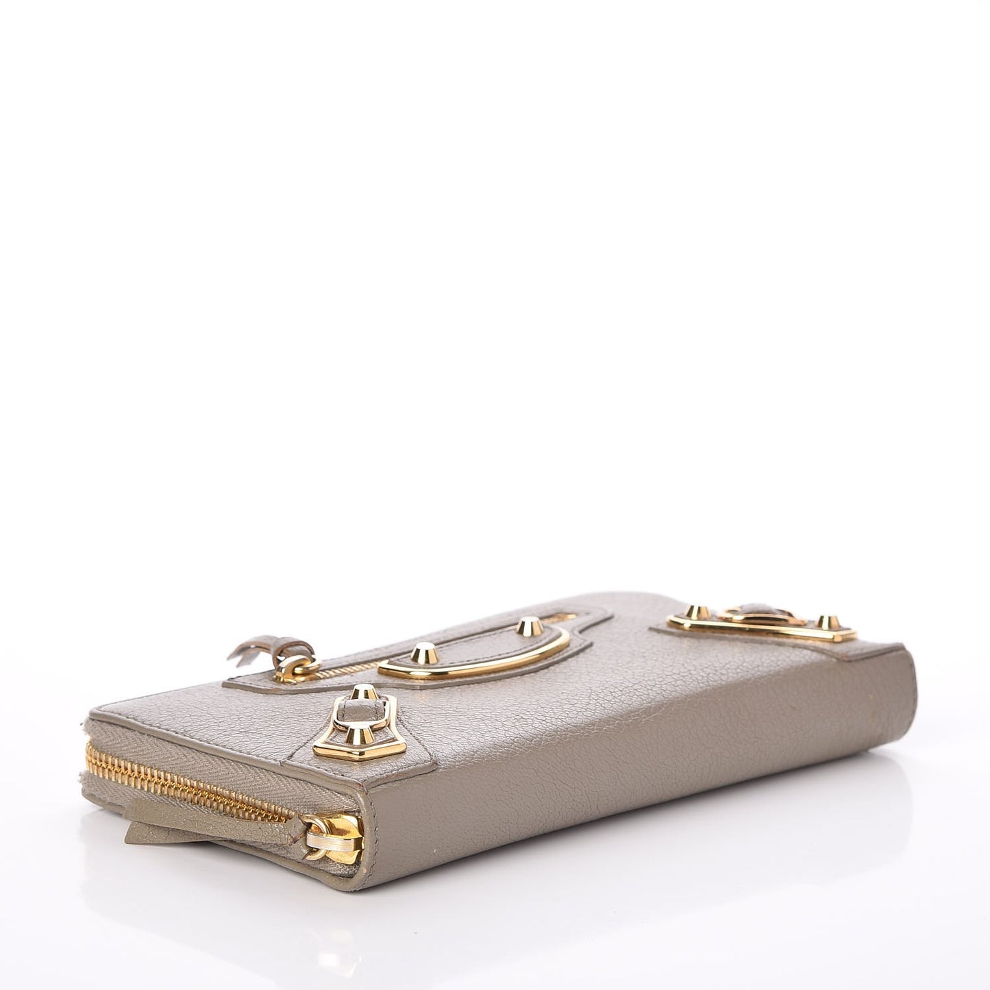 Chevre Gold Metallic Edge Hardware Zip Around Wallet Gris Taupe