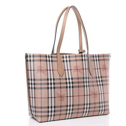 Burberry Grainy Calfskin Haymarket Check Medium Reversible Tote Camel 4 of 15
