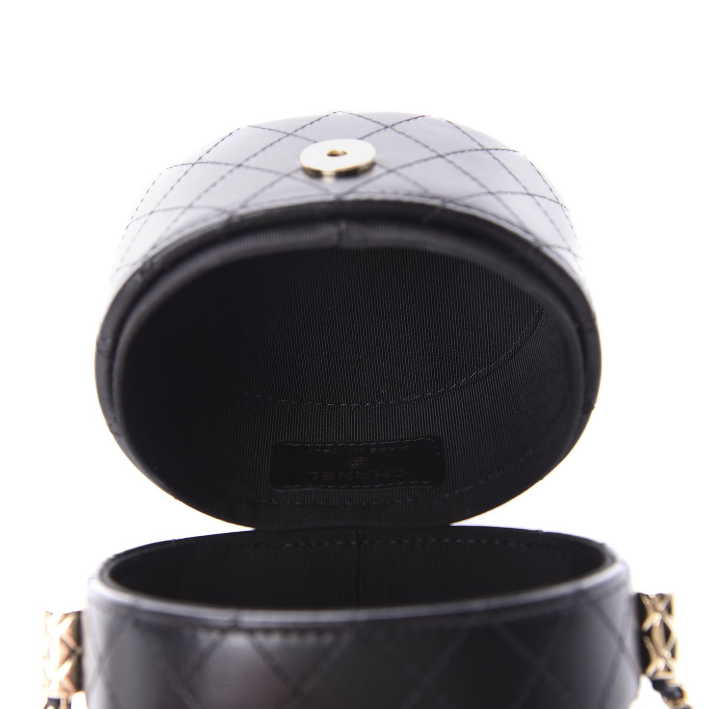 Lambskin Quilted Mini Round Vanity Case With Chain Black