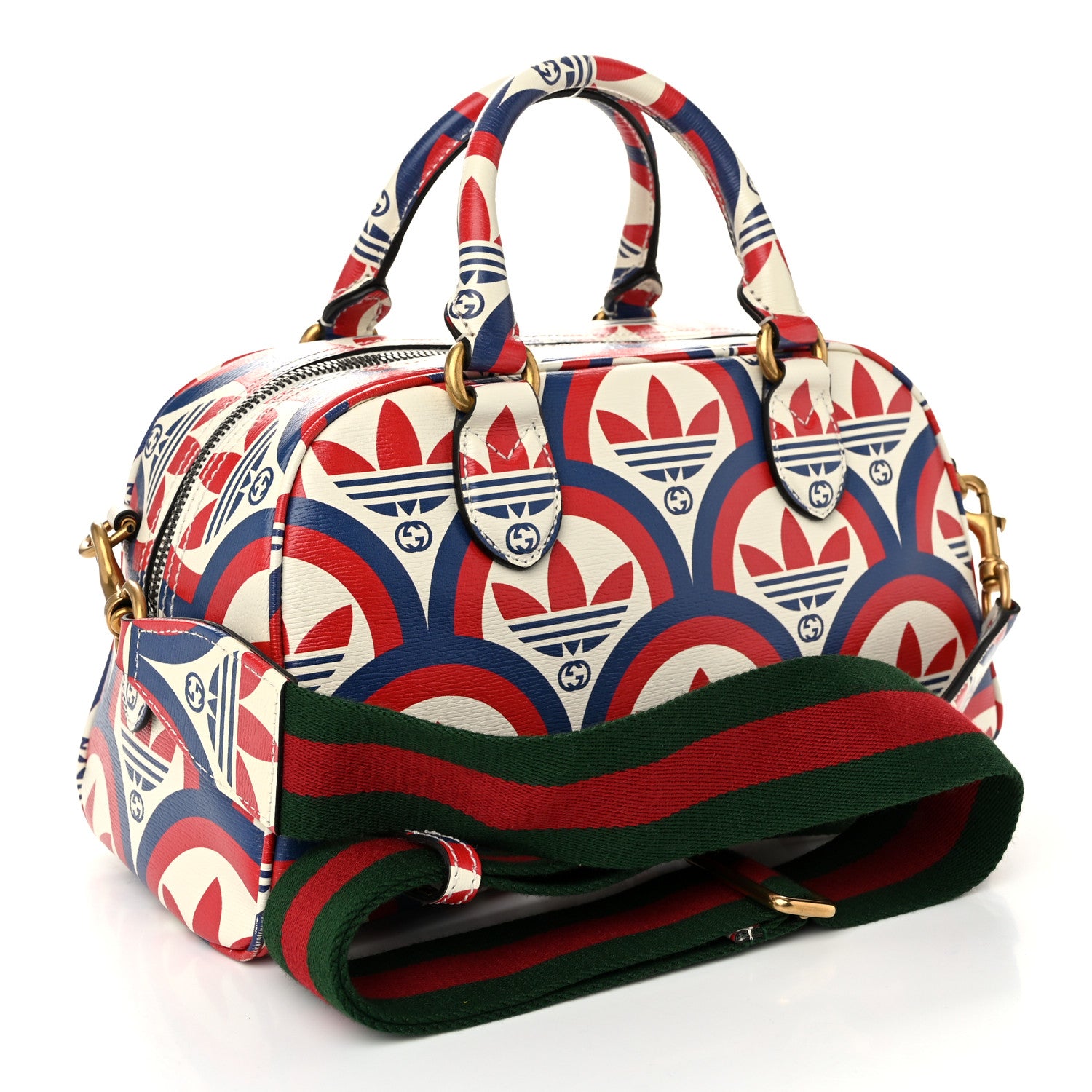 Gucci X ADIDAS Shangai Calfskin Web Trefoil Interlocking G Mini Duffle Bag Red White Blue 3 of 11