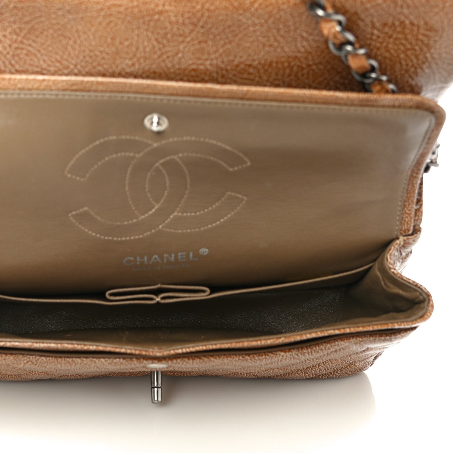 Crinkled Patent Quilted Medium Double Flap Brown