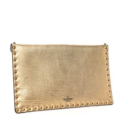 Valentino Garavani Metallic Pebbled Calfskin Large Rockstud Envelope Clutch Gold 3 of 7