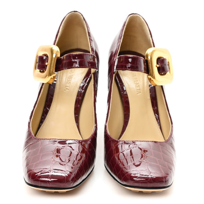 Bottega Veneta Glossy Calfskin Crocodile Embossed Mostra Mary Jane 90 MM Pumps 37 Merlot 3 of 10