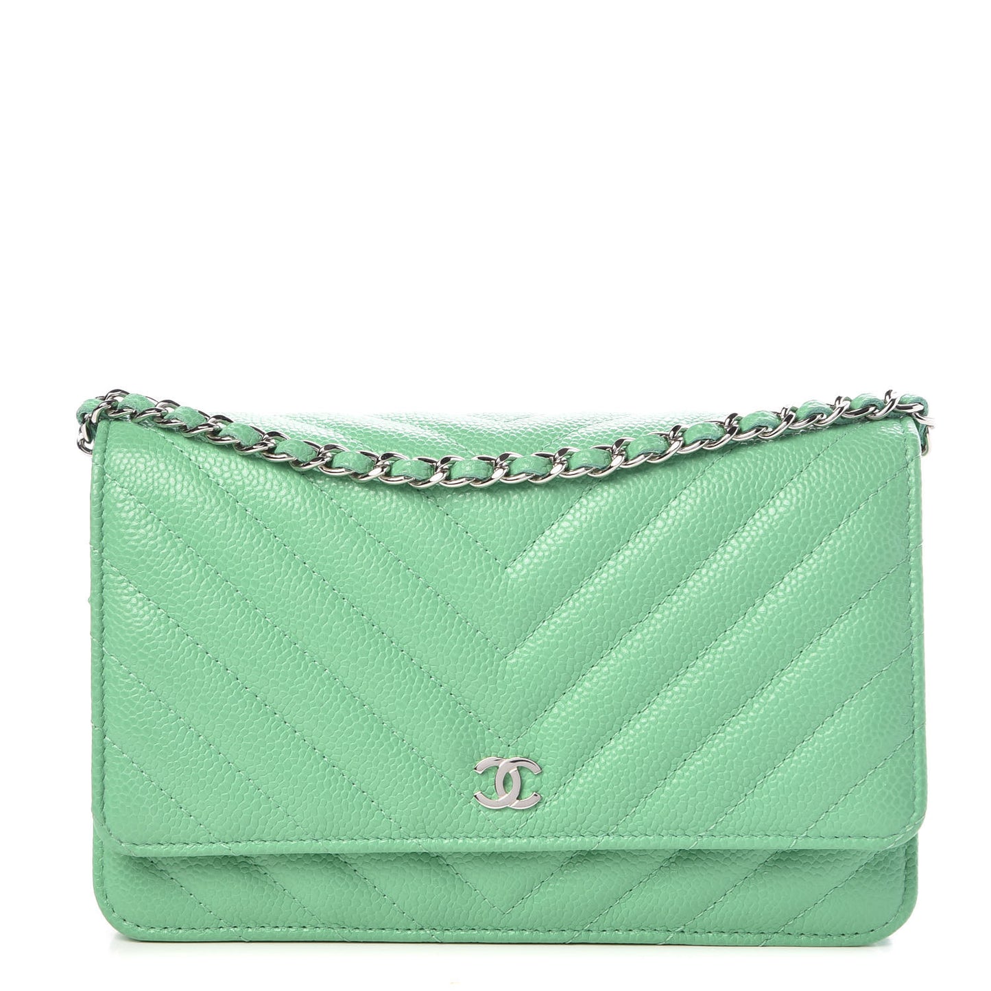 Caviar Chevron Quilted Wallet On Chain WOC Green