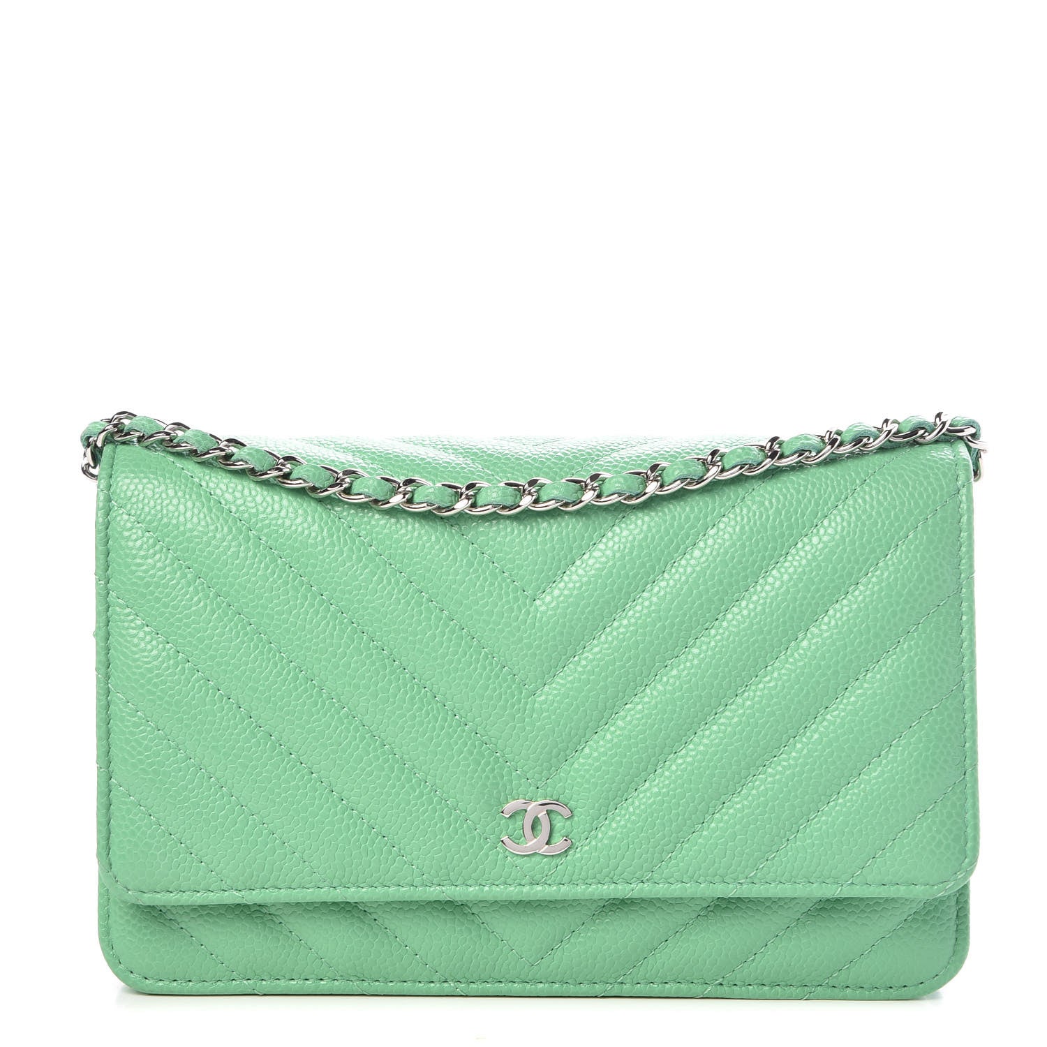Chanel Caviar Chevron Quilted Wallet On Chain WOC Green 1 of 11
