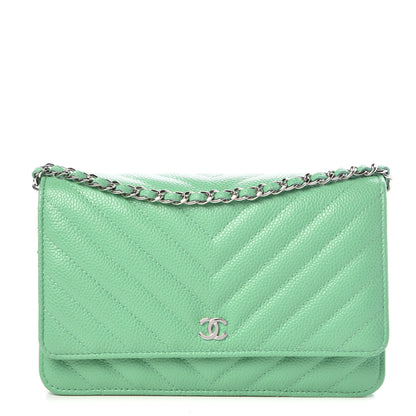 Chanel Caviar Chevron Quilted Wallet On Chain WOC Green 1 of 11